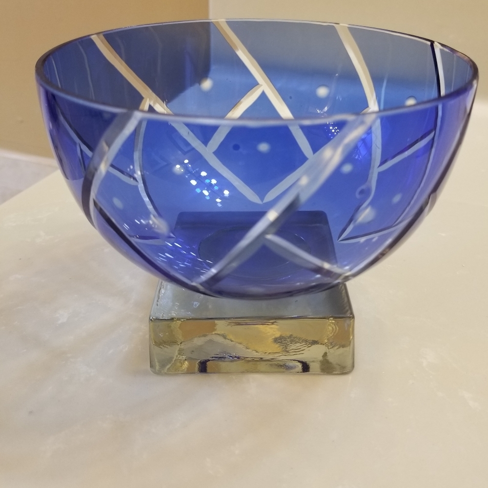 Cobalt blue etched glass bowl
